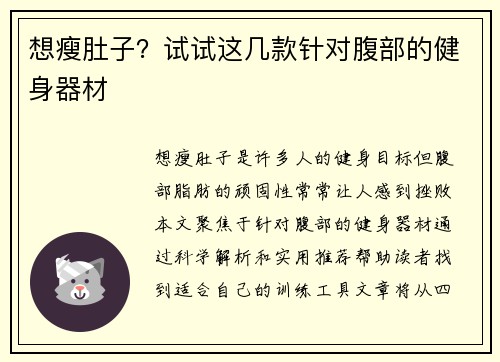 想瘦肚子？试试这几款针对腹部的健身器材